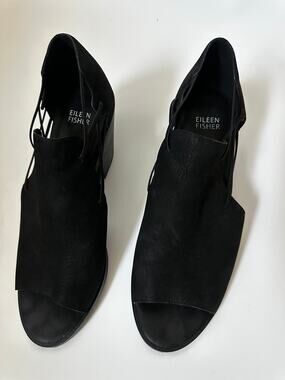 Eileen Fisher Black Cutout Open Toe Block Heel Shoes